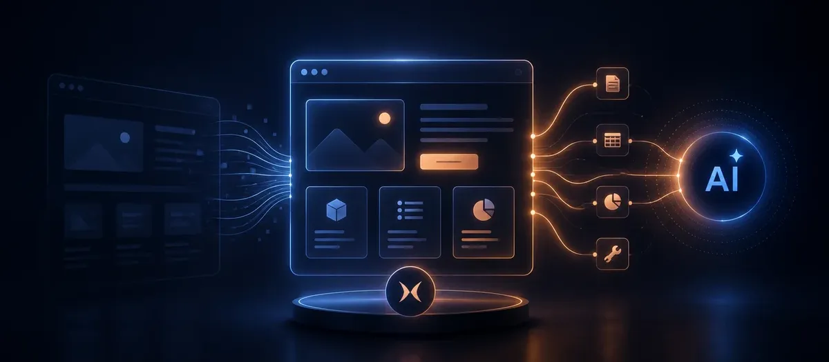 Illustrazione astratta di un sito web che espone informazioni strutturate a un agente AI attraverso connessioni luminose.