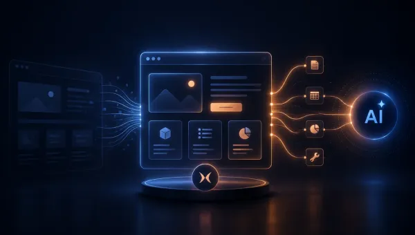 Illustrazione astratta di un sito web che espone informazioni strutturate a un agente AI attraverso connessioni luminose.