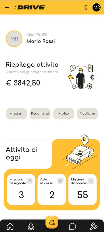 B-Drive app mobile driver dashboard riepilogo attività e guadagni