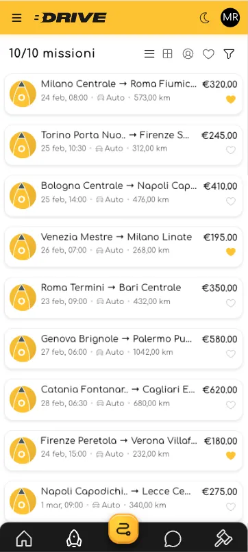 B-Drive app mobile lista missioni disponibili con rotte e prezzi