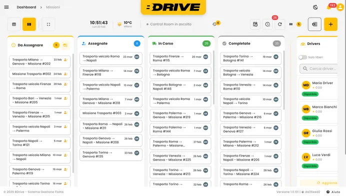 B-Drive Mission Board Kanban con gestione missioni trasporto veicoli